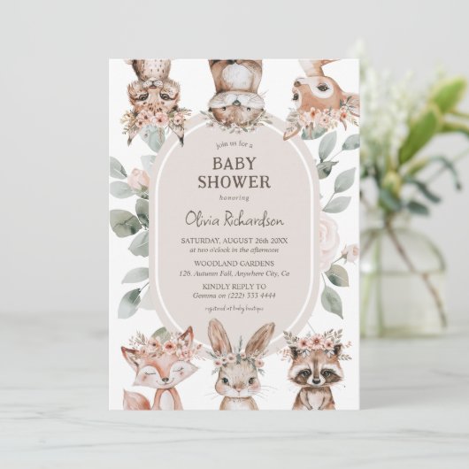 Chic Boho Woodland Animals Baby Dusche Einladung (Stehend Vorderseite)