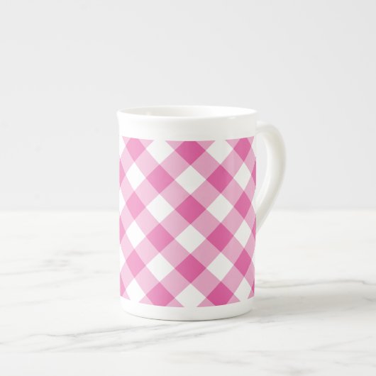 Chic Bone China Tasse: Rosa, Weißer Karo Gingham Porzellantasse (Vorderseite Rechts)