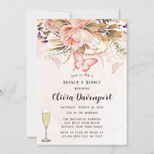 Chic Botanic Peony Butterfly Brunch & Bubbly Einladung (Vorderseite)