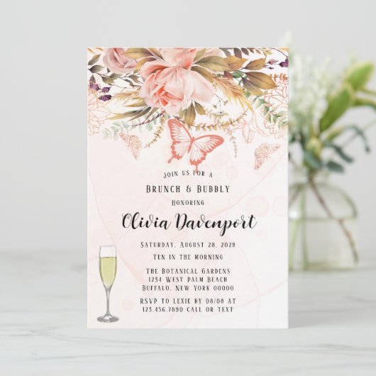 Chic Botanic Peony Butterfly Brunch & Bubbly Einladung (Stehend Vorderseite)