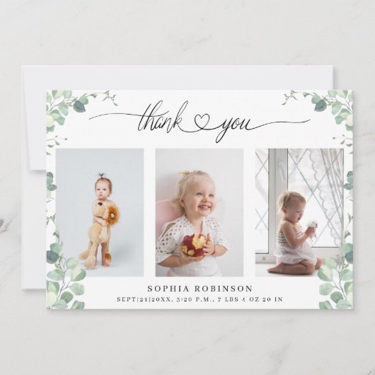 Chic Botanical Baby Dusche Foto Collage Vielen Dan Einladung (Vorderseite)