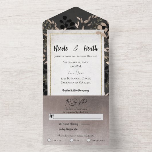 Chic Botanical Blätter Gray Blush Gold Wedding All In One Einladung (Innen Boden)