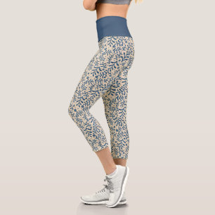 Chic Botanical Blue and Cream Muster Capri Leggings