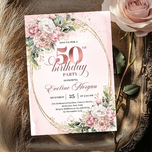 Chic Botanical Blush 50th Birthday Party Invites Einladung