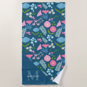 Chic Botanical Floral Elegant Navy Blue Monogram Strandtuch (Vorderseite)