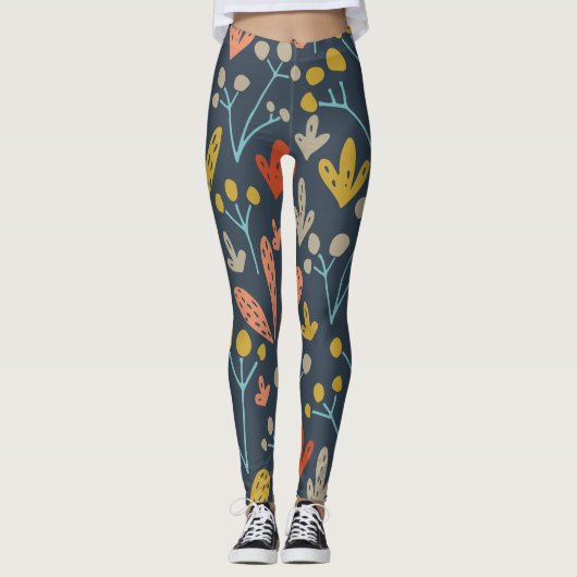 Chic Botanical Illustration Orange Gelbes Muster Leggings (Vorderseite)