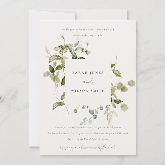 Chic Botanical Leafy Foliage Watercolor Verlobung Einladung (Vorderseite)