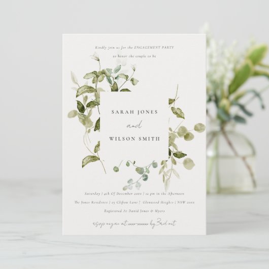 Chic Botanical Leafy Foliage Watercolor Verlobung Einladung (Stehend Vorderseite)