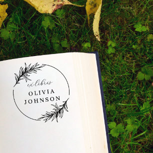 Chic Botanical Leaves Script Ex Libris Custom Name Gummistempel