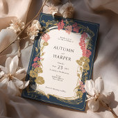 Chic Botanical Navy and Blush Wedding Einladung