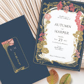 Chic Botanical Navy and Blush Wedding Einladung