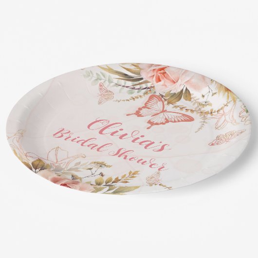 Chic Botanical Peony Butterfly Brautparty Pappteller (Schrägansicht)