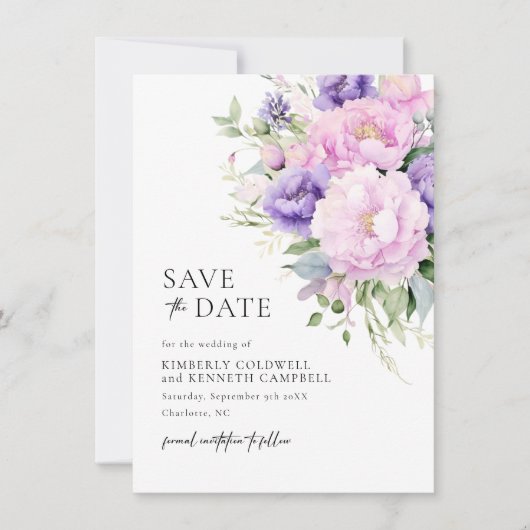Chic Botanical Pink Lavender Violet Wedding Save The Date (Vorderseite)