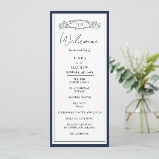 Chic Botanical Wappen Wedding Program Card Einladung (Stehend Vorderseite)