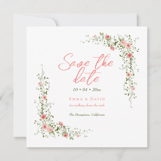 Chic Botanische Rose Elegante Script Hochzeit Save The Date (Vorderseite)