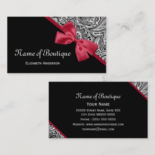 Chic Boutique Black and White Paisley Red Ribbon Visitenkarte (Vorne/Hinten)