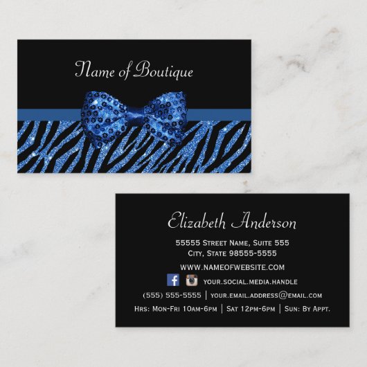 Chic Boutique Blue Zebra Print IMITATE Glitz Bow Visitenkarte (Vorne/Hinten)