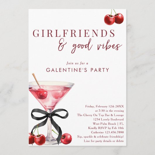 Chic Bow Cherry Martini Galentines Dinner Party Einladung (Vorderseite)