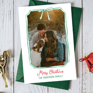 Chic Bow Custom Family Foto Red & Green Christmas Feiertagspostkarte