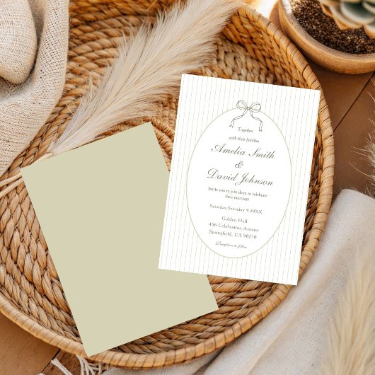 Chic Bow Minimalist Stripe Green Wedding  Einladung