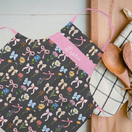 Chic Bow Pink Black Floral Elegance Pattern Baking Schürze
