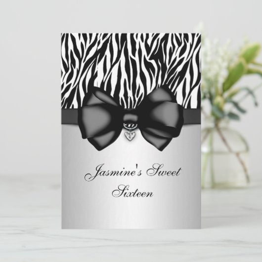 Chic Bowed Zebra Print 5 x 7 Einladung [Silber] (Stehend Vorderseite)