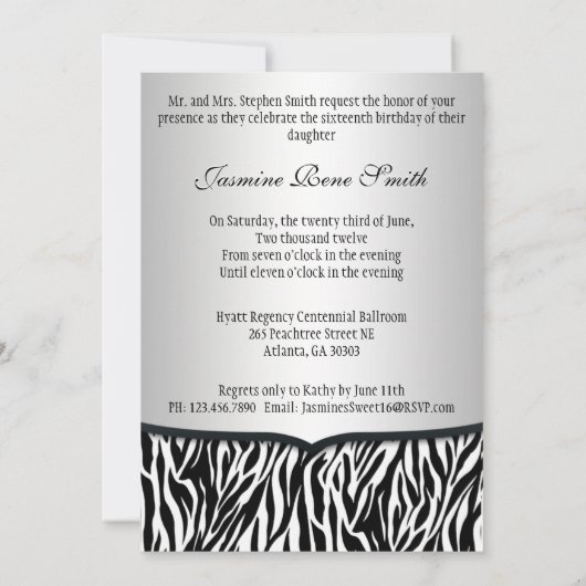 Chic Bowed Zebra Print 5 x 7 Einladung [Silber] (Rückseite)