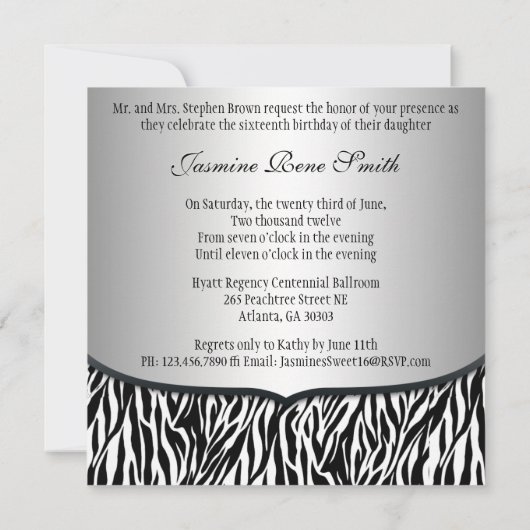 Chic Bowed Zebra Print Invite [Silver] Einladung (Rückseite)