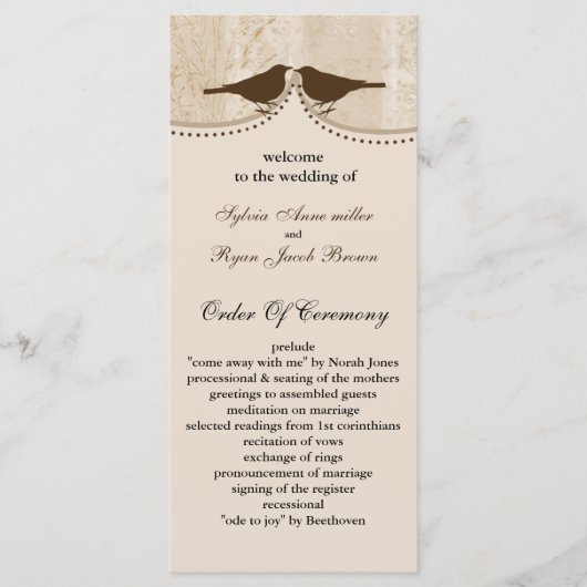 Chic brauner Vogelkäfig, Liebesvögel Hochzeitsprog Programm (Vorderseite)