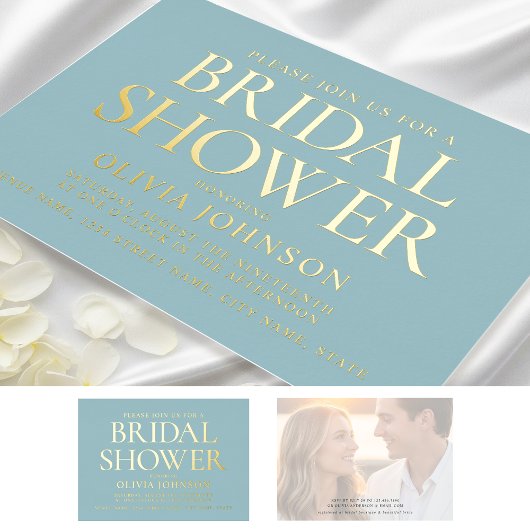 Chic Brautparty Foto Typografie Aquamarin Gold Folieneinladung
