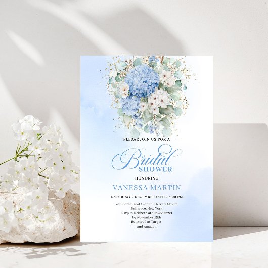 Chic Bridal Shower Blue Hydrangeas Gold Invitation Einladung