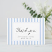 Chic Bridal Shower Modern Script Blue Stripes Dankeskarte (Stehend Vorderseite)