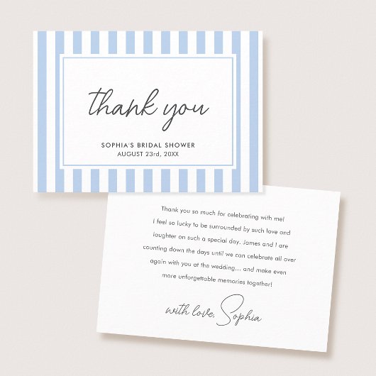 Chic Bridal Shower Modern Script Blue Stripes Dankeskarte