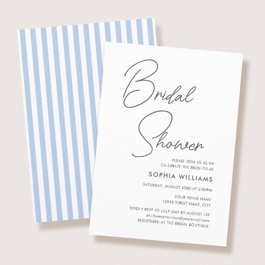 Chic Bridal Shower Modern Script Blue Stripes Einladung