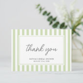 Chic Bridal Shower Modern Script Green Stripes Dankeskarte (Stehend Vorderseite)