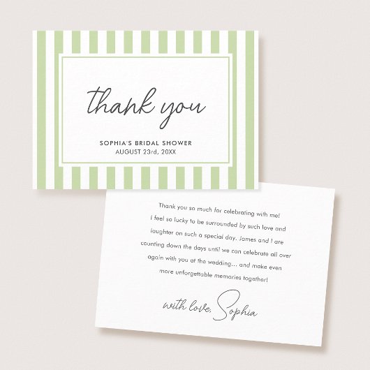 Chic Bridal Shower Modern Script Green Stripes Dankeskarte