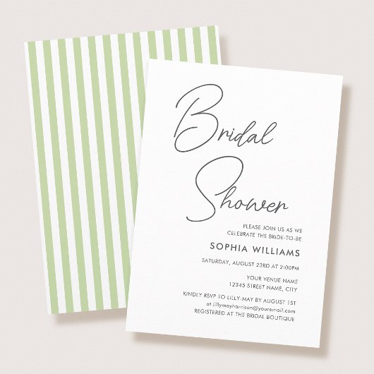 Chic Bridal Shower Modern Script Green Stripes Einladung
