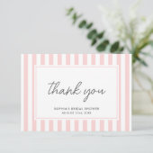 Chic Bridal Shower Modern Script Pink Stripes Dankeskarte (Stehend Vorderseite)