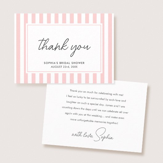 Chic Bridal Shower Modern Script Pink Stripes Dankeskarte