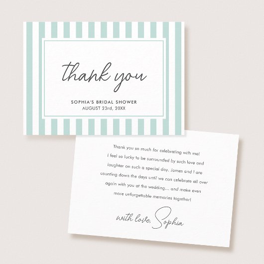Chic Bridal Shower Modern Script Teal Stripes Dankeskarte