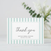 Chic Bridal Shower Modern Script Teal Stripes Dankeskarte (Stehend Vorderseite)