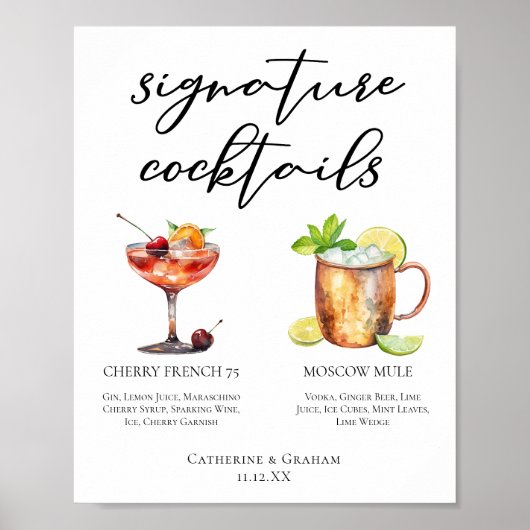 Chic Bride Groom Signature Cocktails Hochzeitsmenü Poster (Vorne)
