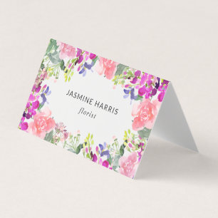 Chic Bright Watercolor Floral Folded Business Card Visitenkarten