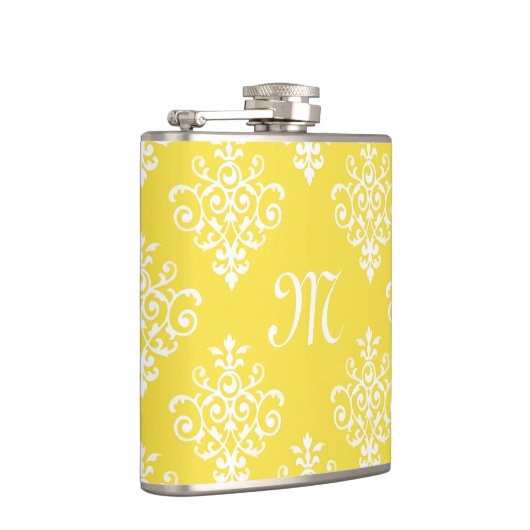 Chic Bright Yellow Damask und modisches Monogramm Flachmann (Rechts)