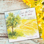 Chic Bright Yellow Farmland Landschaft Hochzeit Ankündigung