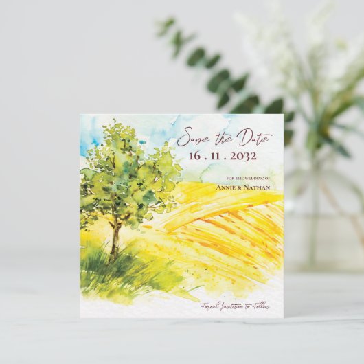 Chic Bright Yellow Farmland Landschaft Hochzeit Ankündigung (Stehend Vorderseite)