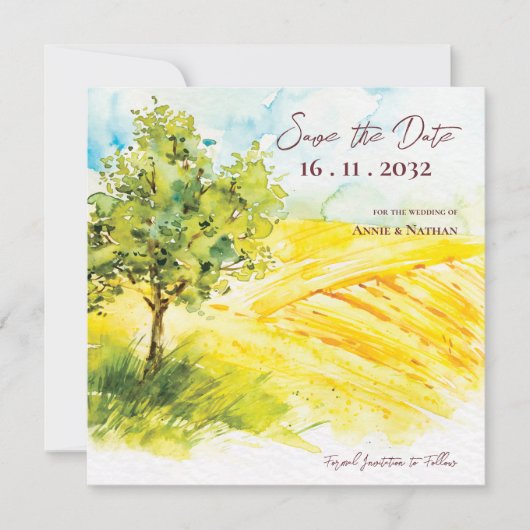 Chic Bright Yellow Farmland Landschaft Hochzeit Ankündigung (Vorderseite)