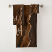 Chic Brown Blush Glitzer Agate Custom Monogram Badhandtuch Set (Insitu)