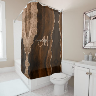 Chic Brown Blush Glitzer Agate Custom Monogram Duschvorhang