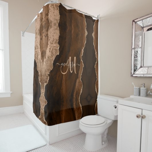Chic Brown Blush Glitzer Agate Custom Monogram Duschvorhang (Beispiel)